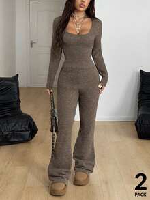 Coolane 女士秋冬街头休闲 Laine 弹力舒适棕色 V 领 T 恤和小喇叭裤毛衣，2 件 - 棕色 - 查看 5