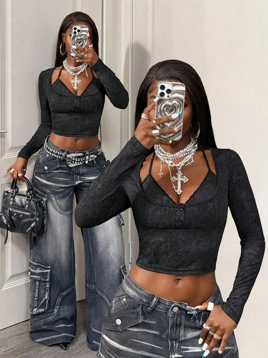 BamGleam Camiseta corta sexy de manga larga con decoración de tirantes, estilo vintage casual - Negro - Ver 1