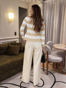 Pariaura 法式休闲风修身圆领长袖黑白条纹针织开衫，女款，春秋季 - 杏色 - 查看 2