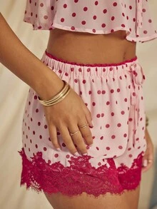 Aralina 女士睡衣家居服两件套，波点印花蕾丝边吊带背心和短裤套装，可爱圣诞睡衣，红色上衣，情人节 - 彩色 - 查看 8