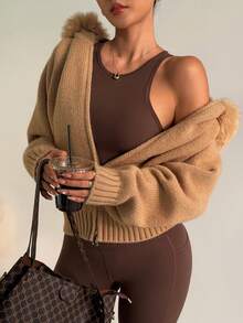 SHEIN Dewbera 女士仿毛领长袖连帽针织开衫，舒适棕色秋季开衫 - 卡其色 - 查看 2