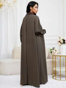 Al Najma 休闲优雅中东女式阿拉伯长袖阿巴亚开衫，秋冬 - 卡其色 - 查看 3