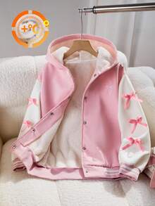 Sparklyn 女童休闲连帽羊毛夹克，袖子饰有粉色蝴蝶结，正面有蝴蝶刺绣，白色纽扣开合，适合秋冬季外出、通勤，搭配长袖毛衣和裤子 - 粉色 - 查看 3