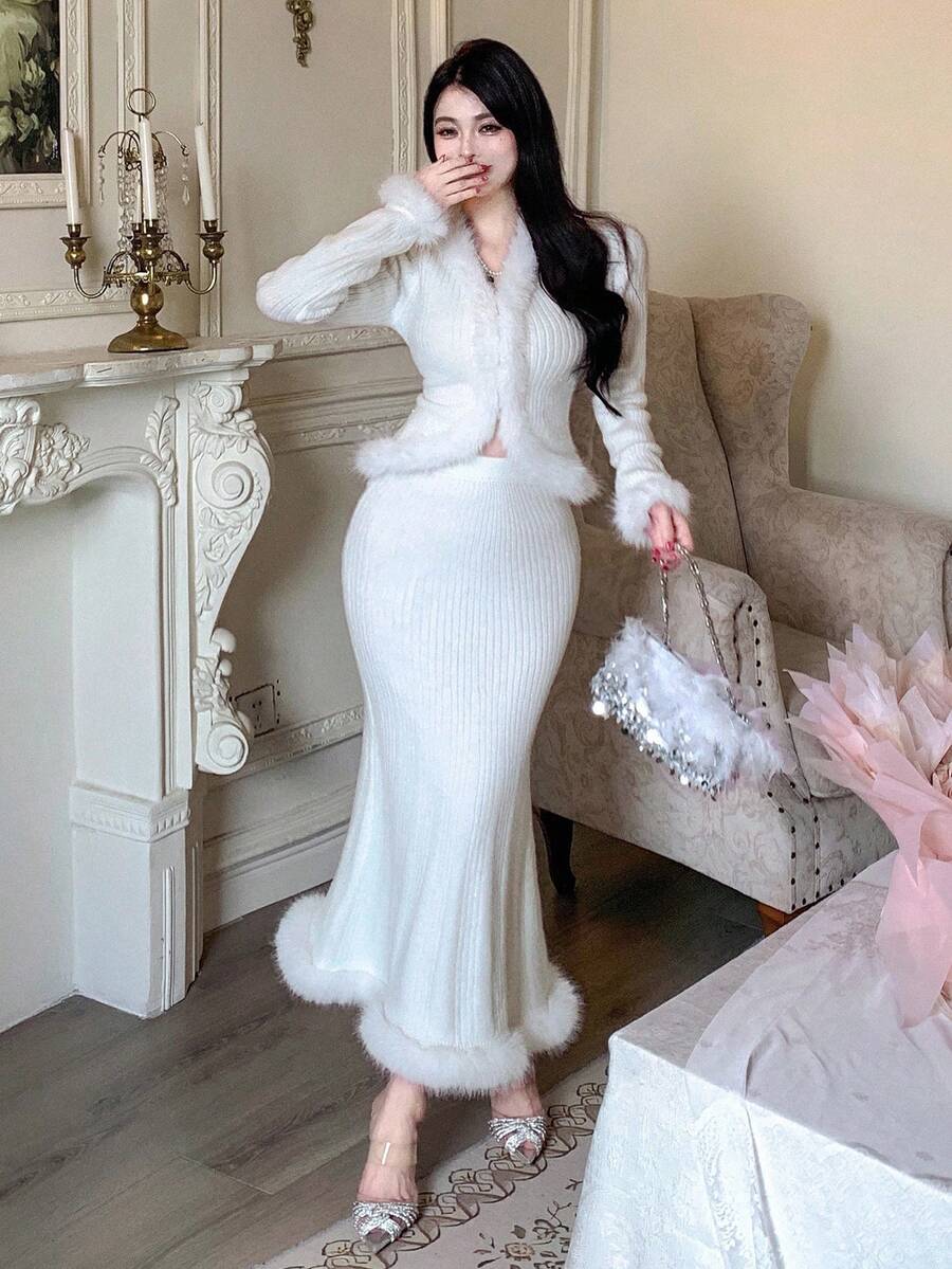 DAZY Women's Patchwork V-Neck Knitted Cardigan And Skirt 2 Pieces Set, Autumn - White - View 1