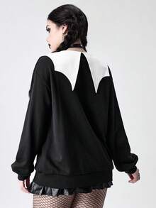 ROMWE Goth 女式撞色蝙蝠领猫咪印花运动衫 - 黑色 - 查看 2