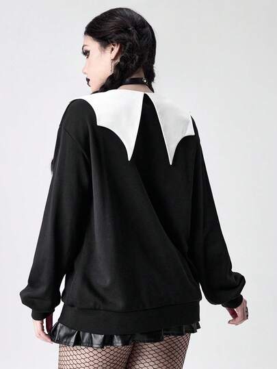 Goth Sudadera con cuello de murciélago y estampado de gato de color contrastante para mujer