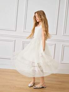 Robe de mode sans manches à col carré et ourlet en maille de couleur unie pour préadolescentes - Blanc - Voir 4
