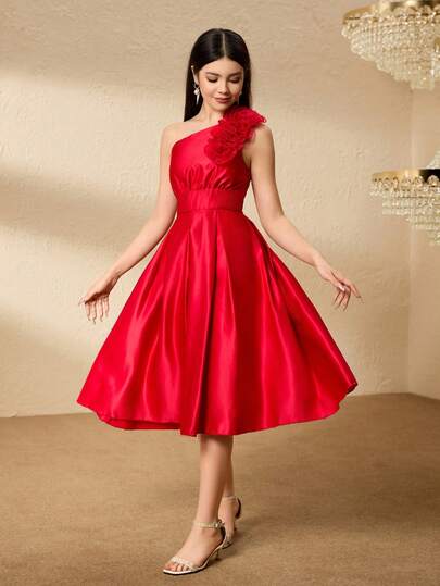 Teenage 3D Floral Asymmetric Shoulder Strap Waist Pleated Hem Dress, Elegant & For Halloween, Christmas, Party