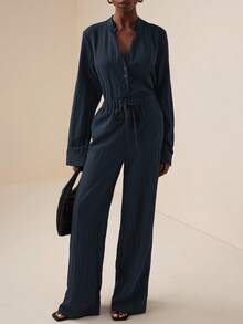 Vesra 休闲装 - V领收腰上衣和阔腿裤 - 藏蓝色 - 查看 4