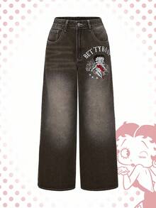 Betty Boop | ROMWE Quần jean ống rộng siêu dài thêu chữ thập Gothic kiểu Y2K - màu nâu - Xem 8