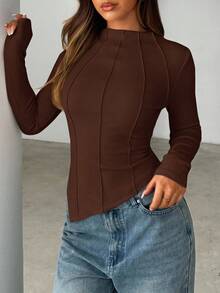 Siren Gaze Ladies' Plain V-Neck Slit Sleeve T-Shirt Winter Brown Casual Spring - Brown - View 3