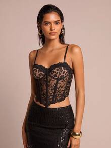 SHEIN Glamour 性感豹纹撞色蕾丝钢圈鱼骨花吊带背心女 - 彩色 - 查看 6
