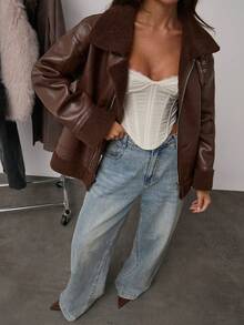 SHEIN BAE 女式拉链休闲仿保暖内衬夹克，秋冬款羊毛皮革复合面料夹克秋冬保暖外套，非常适合休闲街头装扮棕色夹克女式夹克 - 巧克力棕 - 查看 7