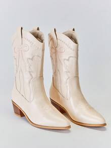 Solezae 女士迷人尖头粗跟刺绣中筒牛仔靴 - 米色 - 查看 5
