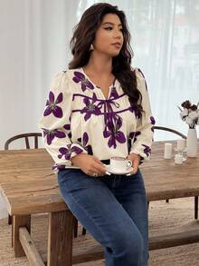 Weeklong Plus Size Women Floral Print Tie Front Lantern Sleeve Fashion Blouse - Multicolor - View 6