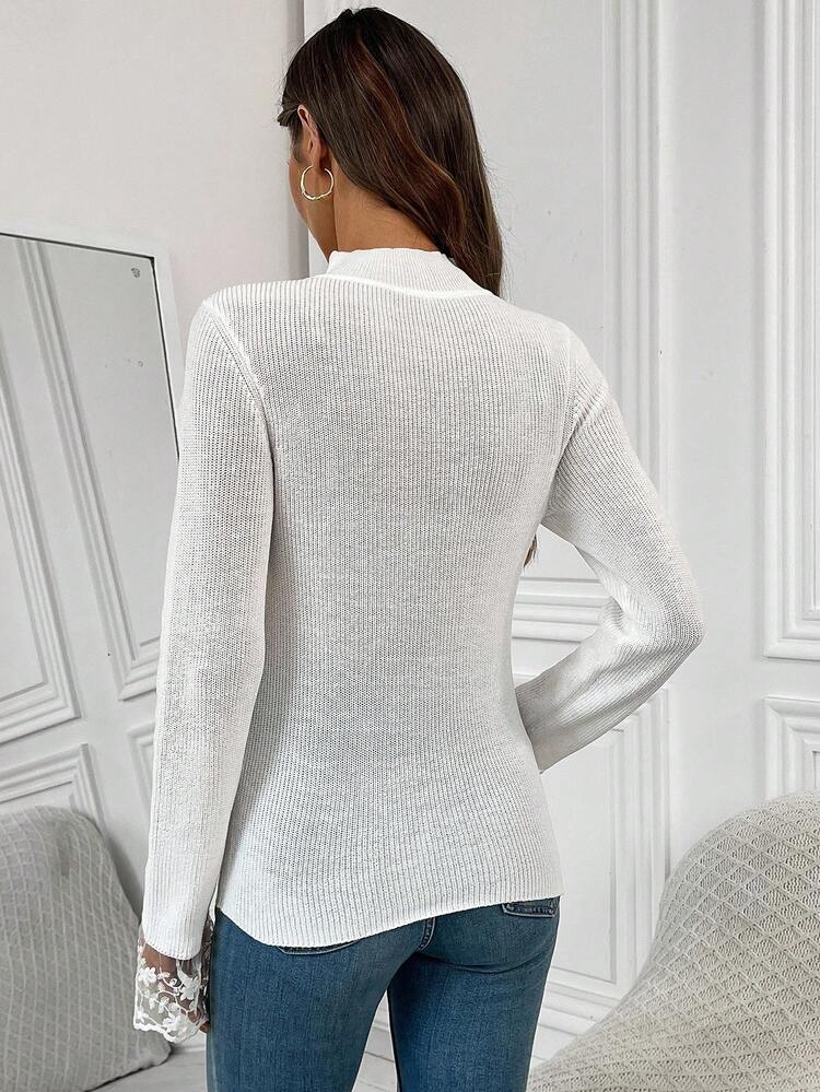 French Design Lace Trim Long Sleeve T-Shirt, Fitted Undershirt For Women, Autumn Fall Winter Sweaters For Going Out