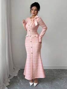 Elenzga 圆领蝴蝶结装饰长袖纹理针织修身连衣裙，优雅浪漫的法式礼服，秋冬 - 粉色 - 查看 5