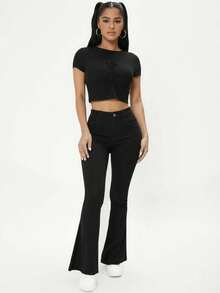 EURMUSE Casual Versatile Solid Color Slim Fit Flare Leg Jeans - Dark Wash - View 2
