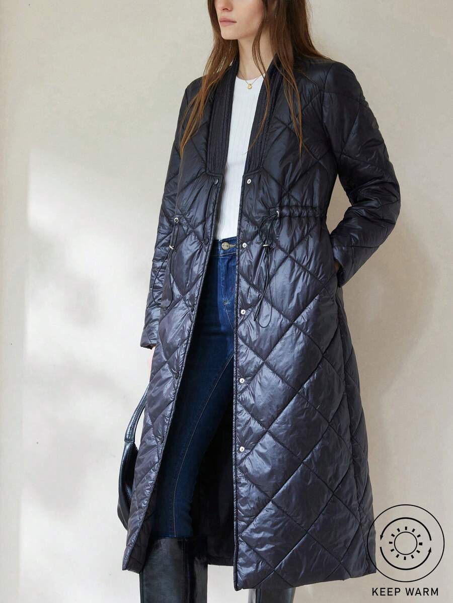 Aveloria Modichic Cinched Waist Mid-Length Solid Color Jacket, Versatile For Autumn/Winter - Black - View 1