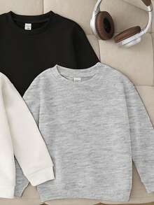 SHEIN Playful Pals 3 件套休闲百搭黑白灰色长袖圆领运动衫，适合幼儿男孩，基本款套头衫，秋冬，男婴服装，男女通用黑白灰色女婴套头衫