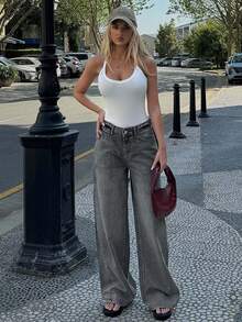 EURMUSE RueChic 100% Cotton Low Waist Wash Detailed Wide Leg Jean - Dark Grey - View 6