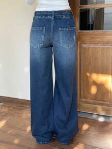 Siren Gaze 女式拉绒口袋宽腿宽松休闲牛仔裤 - 深色水洗藍 - 查看 2