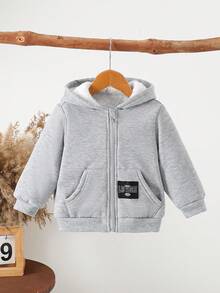 SHEIN Infant Boys' Simple Gray Fleece Hooded Sweatshirt Jacket, Autumn/Winter