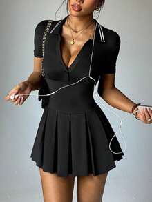 Dewbera Women's Spring/Autumn Sports Dress, Short Sleeve, Front Ruched Polo Collar With Button, Ruched Skirt With Built-In Shorts And Pockets, Suitable For Daily Casual Wear, Running, Yoga, Gym, Tennis, Golf Swimming Ballerina