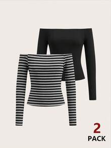 女士秋冬休闲摇滚日常穿着外出针织露肩长袖 T 恤、灰黑条纹和全黑两件套服装 - 彩色 - 查看 8