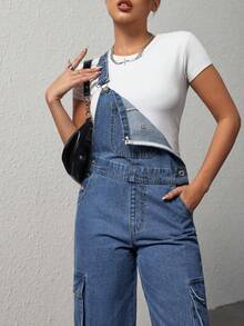 SHEIN PETITE Casual Washed Straight Leg Denim Bib Overalls - Light Wash - View 6