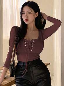DAZY Women's Solid Color Fitted Lace-Up Long Sleeve T-Shirt - Burgundy - View 2