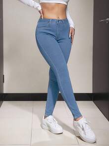 Jeanoix 女式口袋紧身休闲百搭牛仔裤 - 淺色水洗藍 - 查看 4