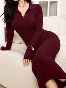 Modelyn 女式纯色长袖修身优雅针织连衣裙 - 酒紅色 - 查看 4