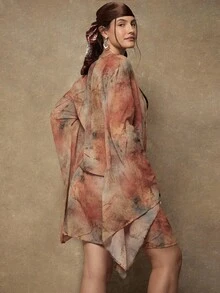 Freevana 大码波西米亚复古休闲扎染印花V领长袖雪纺女式连衣裙 - 鏽棕色 - 查看 2