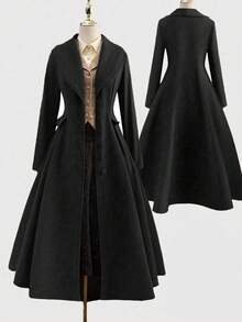 Sweetra 大码优雅外出上衣，秋冬复古百搭休闲修身优雅棕绿色长款喇叭外套收腰连衣裙 - 黑色 - 查看 1