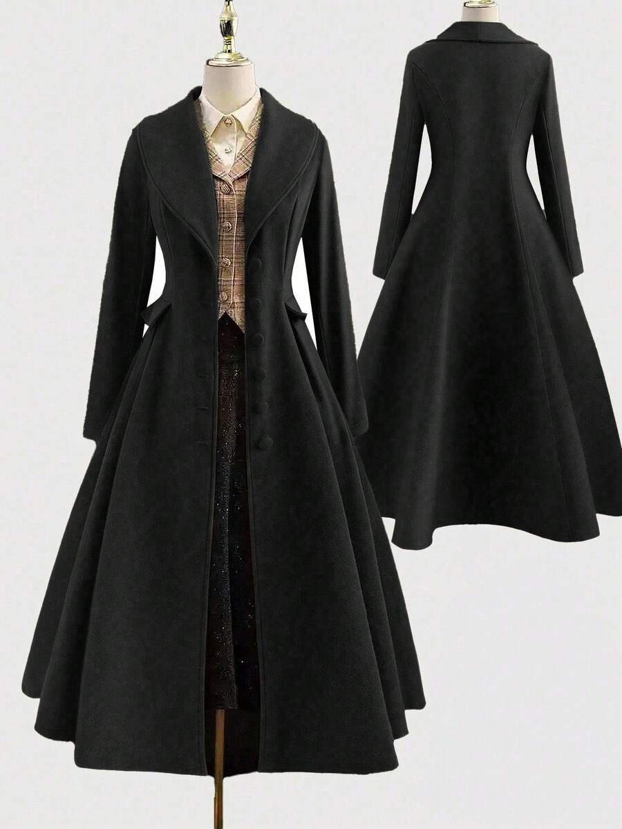 Sweetra 大码优雅外出上衣，秋冬复古百搭休闲修身优雅棕绿色长款喇叭外套收腰连衣裙 - 黑色 - 查看 1