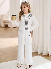 SHEIN Tween Girls Korean Stylish High-End Chic Spring/Autumn New Vintage Embroidered Cardigan, Wide-Leg Pants And Shawl 3 PiecesCasual Suit Set For Fall Winter - Multicolor - View 4