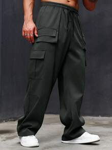 Manfinity Homme Men Plus Size Solid Color Drawstring Cargo Pants With Pocket, Casual Style, Fall - Grey - View 5