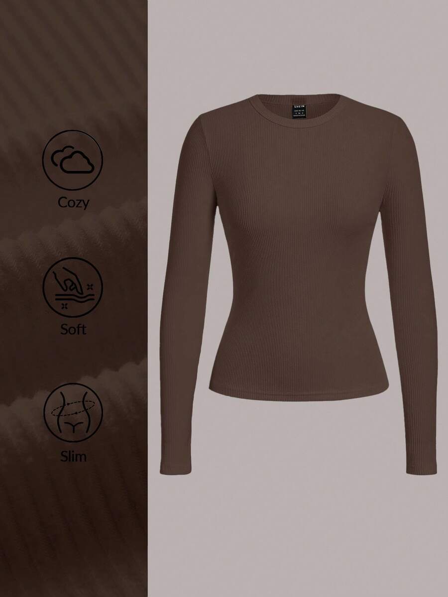 SHEIN BASICS 女式休闲纯色针织圆领长袖修身T恤 - 咖啡棕 - 查看 1