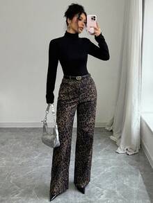 Airlisse Leopard Print Straight Leg Casual High Waist Loose Wide Leg Cargo Pants