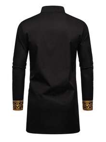 Manfinity AFTRDRK 男士标准尺码长袍衬衫，中东节日礼物，黑色穆斯林男士达希基黑金非洲衬衫，长袖上衣 - 黑色 - 查看 2