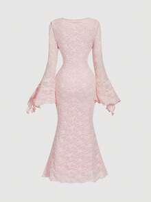 SHEIN MOD Váy bó sát cơ thể cổ chữ V tay loe buộc eo phía trước viền đuôi cá, màu hồng nhạt - Màu Hồng baby - Xem 2