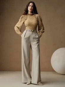 Anewsta 女式秋季荷叶边领花卉拼布法式复古风格优雅卡其色长袖衬衫 - 卡其色 - 查看 5