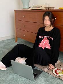 DAZY Christmas Tree Pattern Loose Long Sleeve Top & Pants 2 Pieces Pajama Set For Women, Autumn/Winter Thermal Lined, Cozy Clothes - Black - View 8