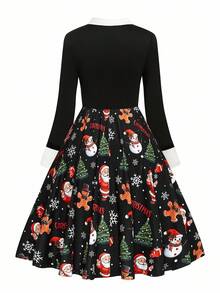 EMERY ROSE Christmas Plus Size Women Stand Collar Long Sleeve Waist Cinched Dress, Digital Printing Craftsmanship, Suitable For Holiday Wear And Everyday Wear