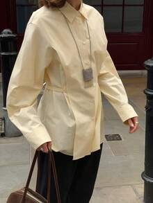 INAWLY Women's Casual Solid Color Cinched Waist Shirt - Apricot - View 2