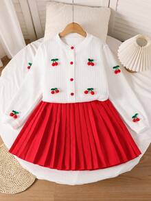 Sparklyn Tween Girl Red Cherry Embellished Jacket, Red Pleated Mini Skirt - Red - View 1