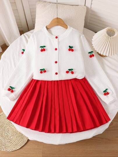 Sparklyn Tween Girl Red Cherry Embellished Jacket, Red Pleated Mini Skirt