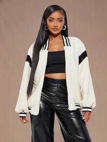 Radiana 女式条纹蝙蝠袖拉链棒球夹克拉链毛衣泰迪熊夹克羊羔绒夹克飞行员夹克短款拉链连帽衫泰迪熊飞行员夹克拉链夹克秋冬女装 - 白色 - 查看 2