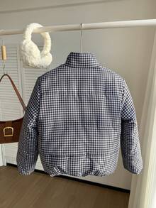 SHEIN 女童休闲蓝色格子短款立领棉衣，百搭秋冬 - 藍白色 - 查看 2